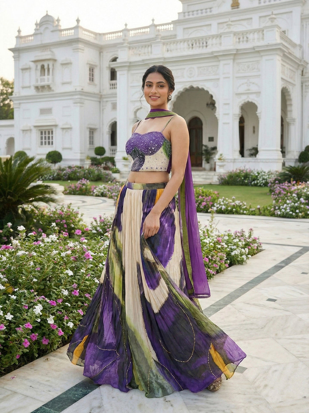 Neerus Purple Chinon embellished lehenga set - back view