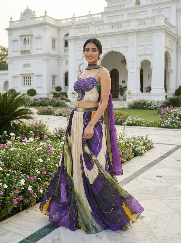 Neerus Purple Chinon embellished lehenga set - back view