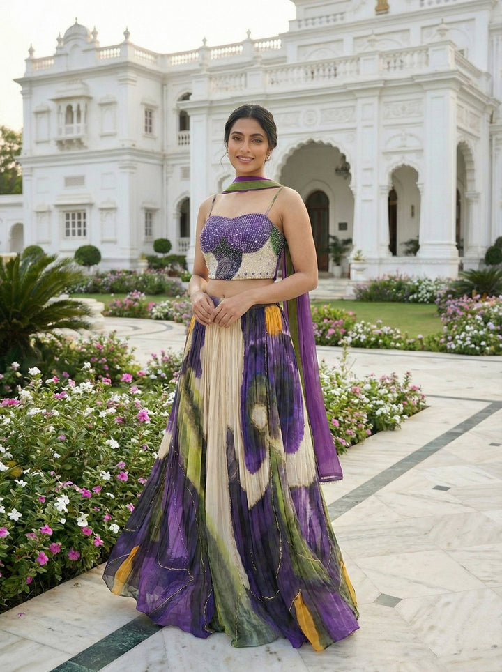 Neerus Purple Chinon embellished lehenga set - detail view 1