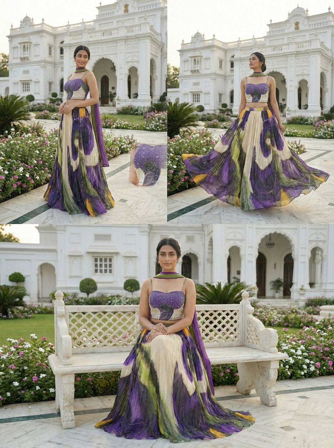 Neerus Purple Chinon embellished lehenga set - side view