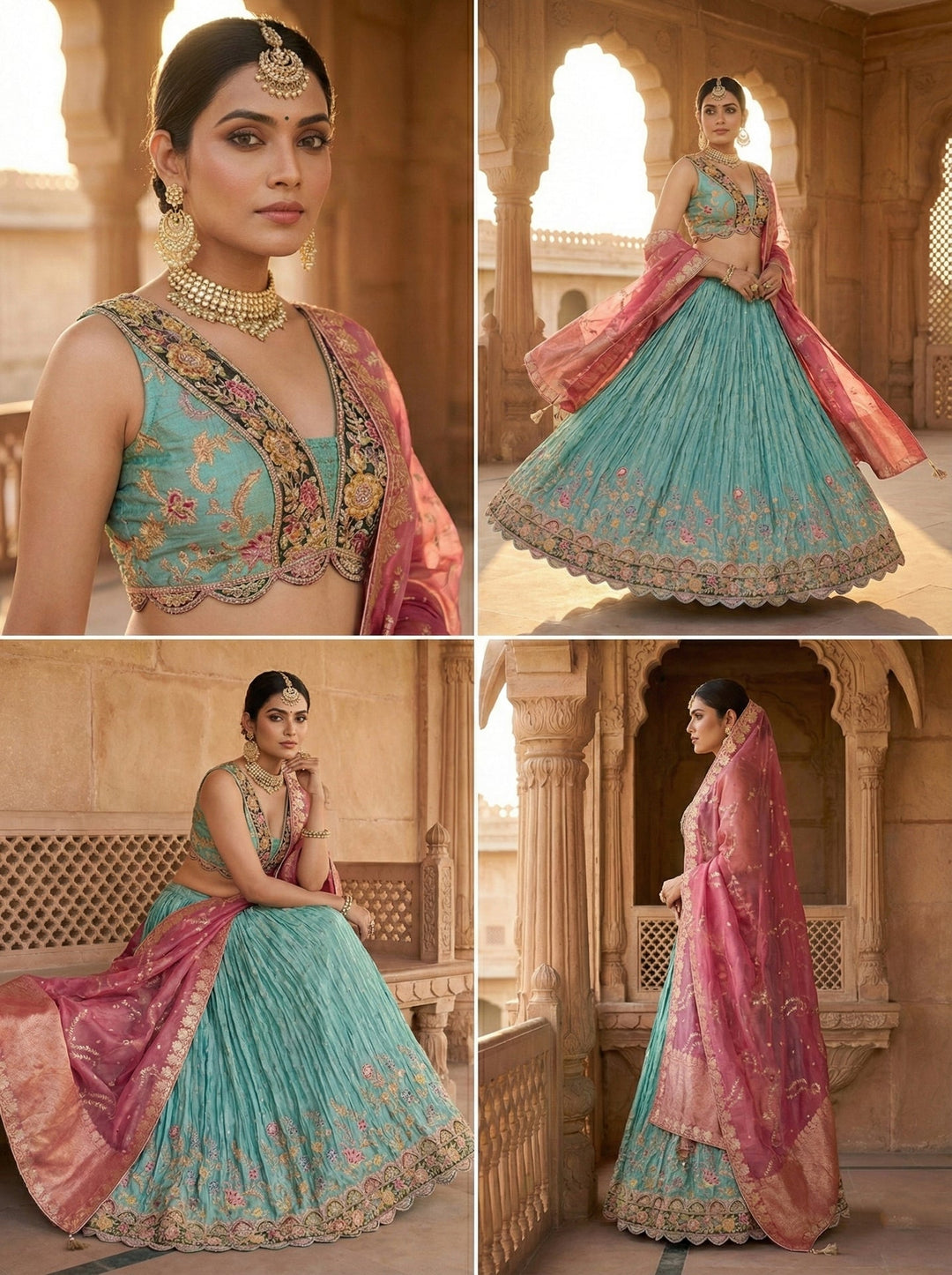 Neerus Green tissue embroidered lehenga set - back view