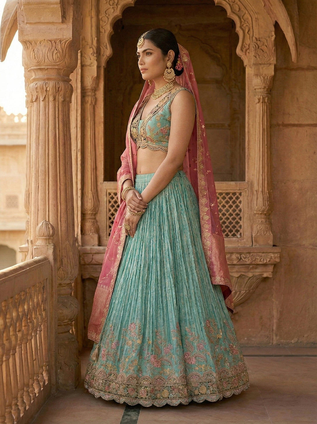 Neerus Green tissue embroidered lehenga set - side view