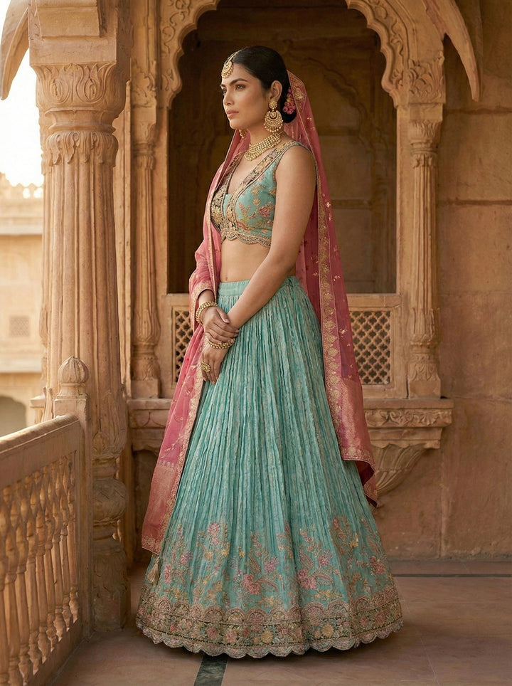Neerus Green tissue embroidered lehenga set - side view