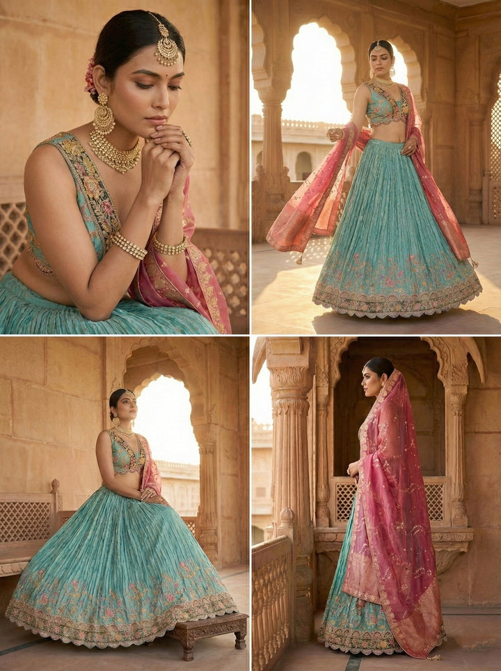 Neerus Green tissue embroidered lehenga set - detail view 1
