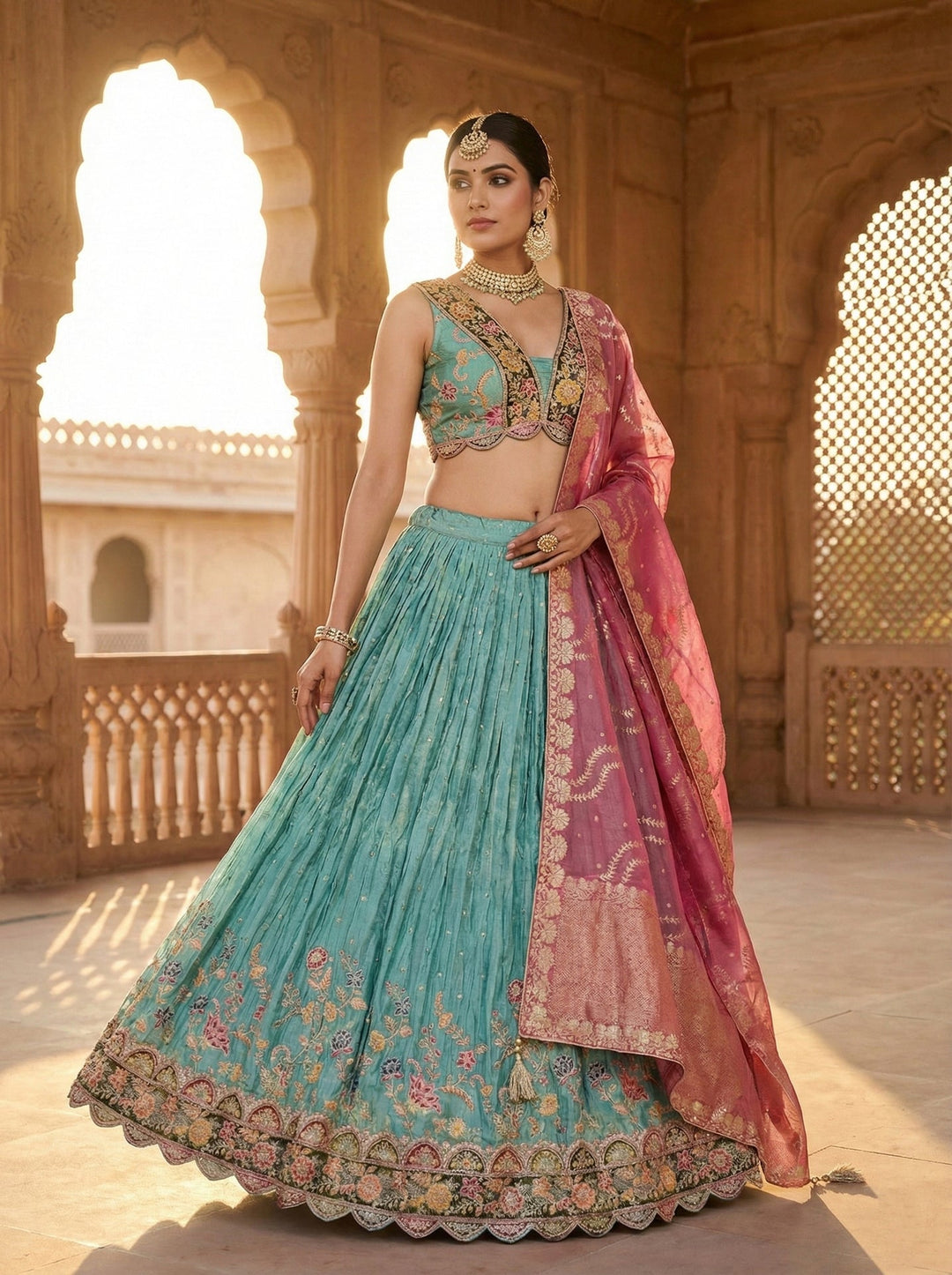 Neerus Green tissue embroidered lehenga set - detail view 2