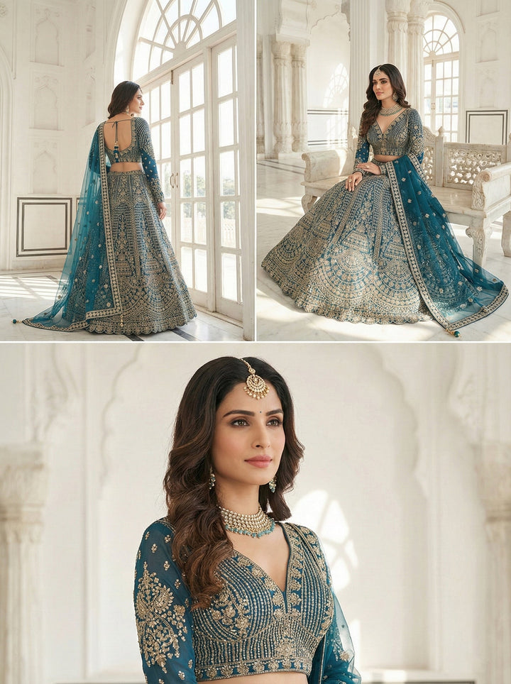 Neerus Blue net hand embroidered lehenga set - back view
