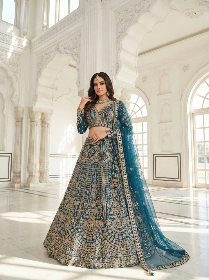 Neerus Blue net hand embroidered lehenga set - front view