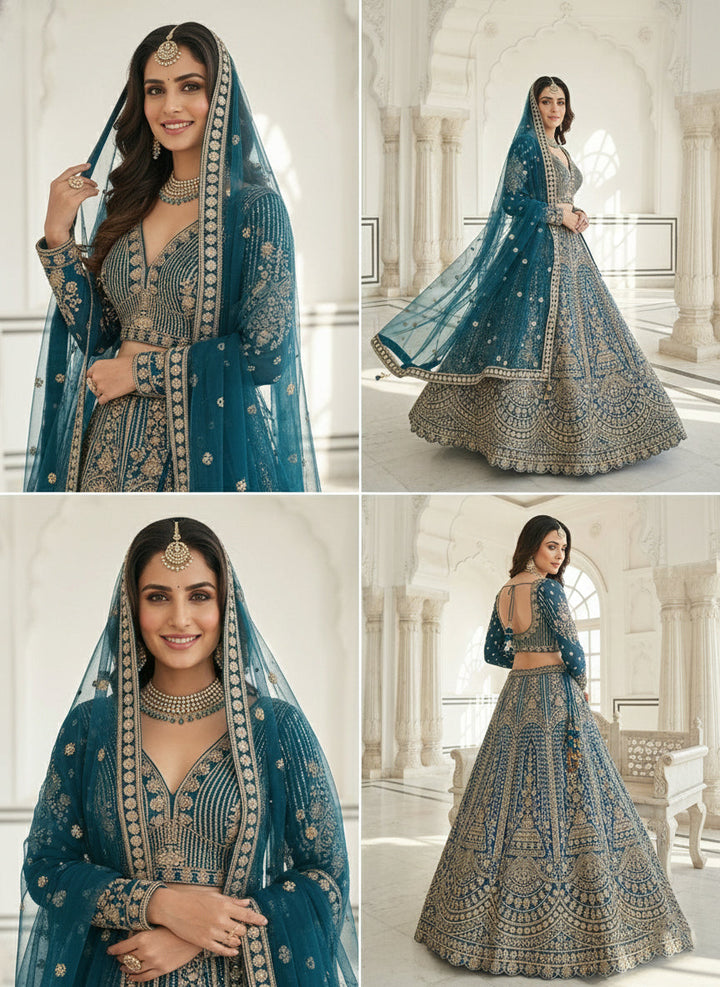 Neerus Blue net hand embroidered lehenga set - detail view 1