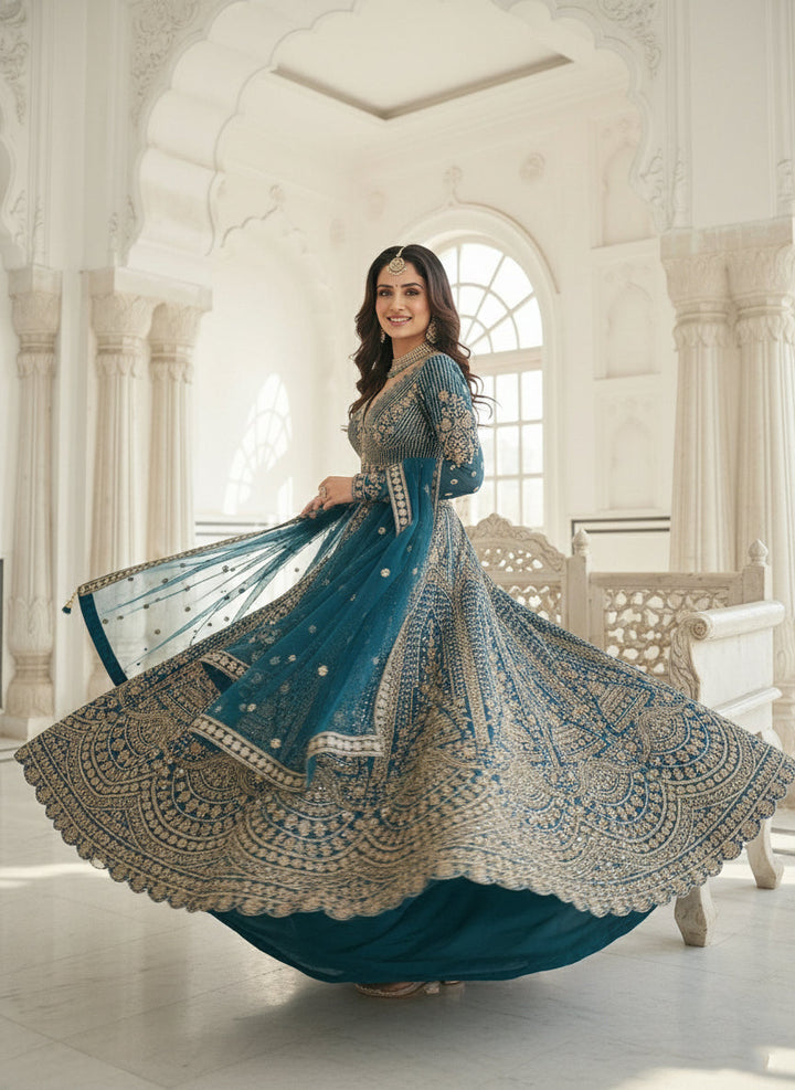 Neerus Blue net hand embroidered lehenga set - side view