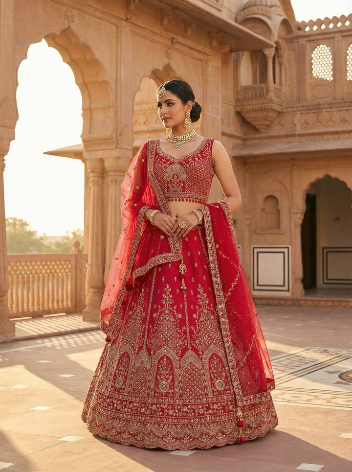 Neerus Red silk embroidered lehenga set - front view