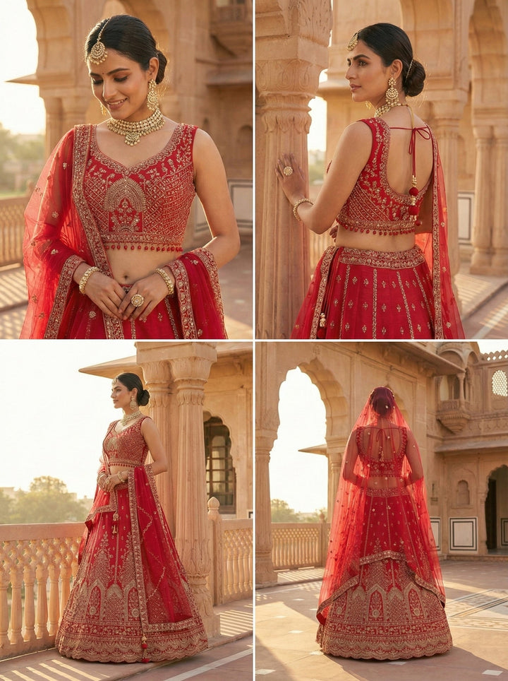 Neerus Red silk embroidered lehenga set - back view