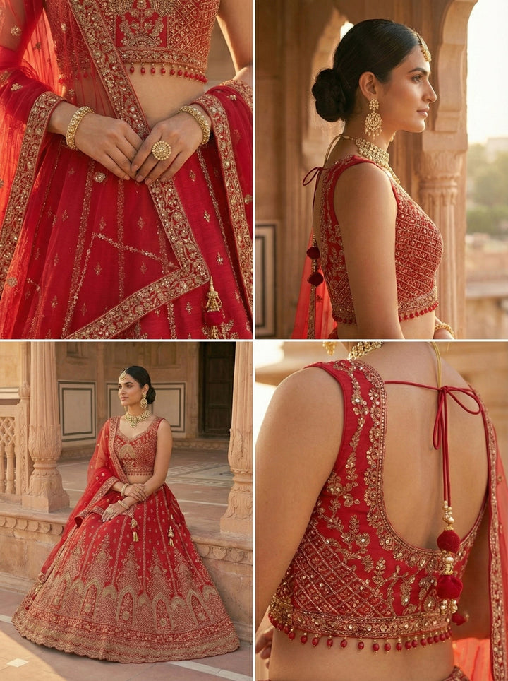 Neerus Red silk embroidered lehenga set - side view