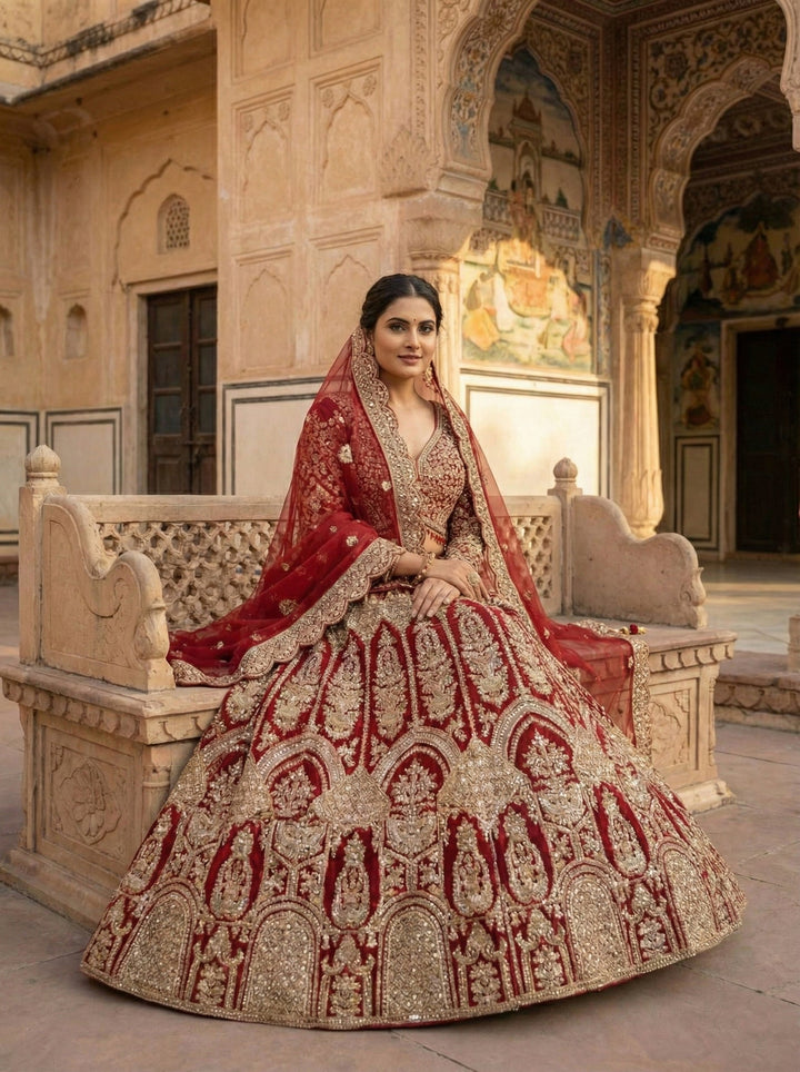 Neerus Maroon net hand embroidered lehenga set - front view