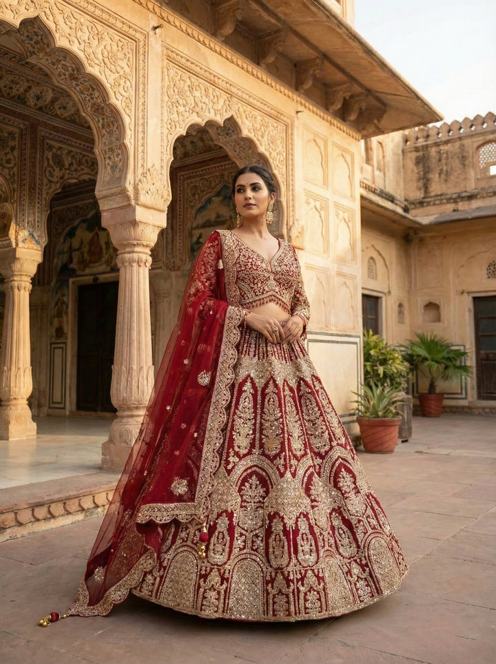 Neerus Maroon net hand embroidered lehenga set - back view