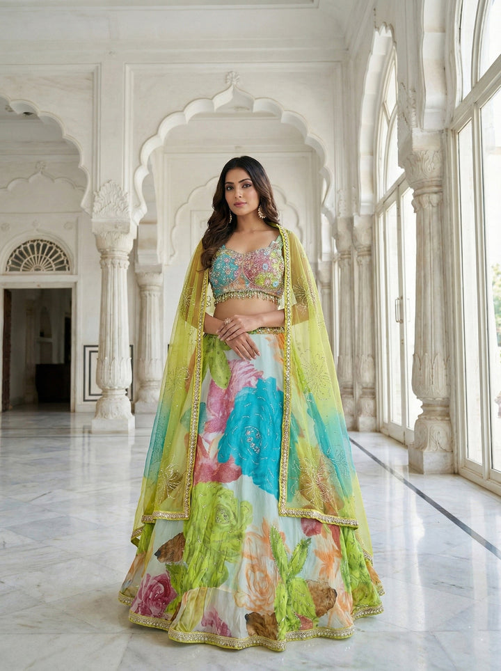 Neerus Multi georgette hand embroidered lehenga set - front view