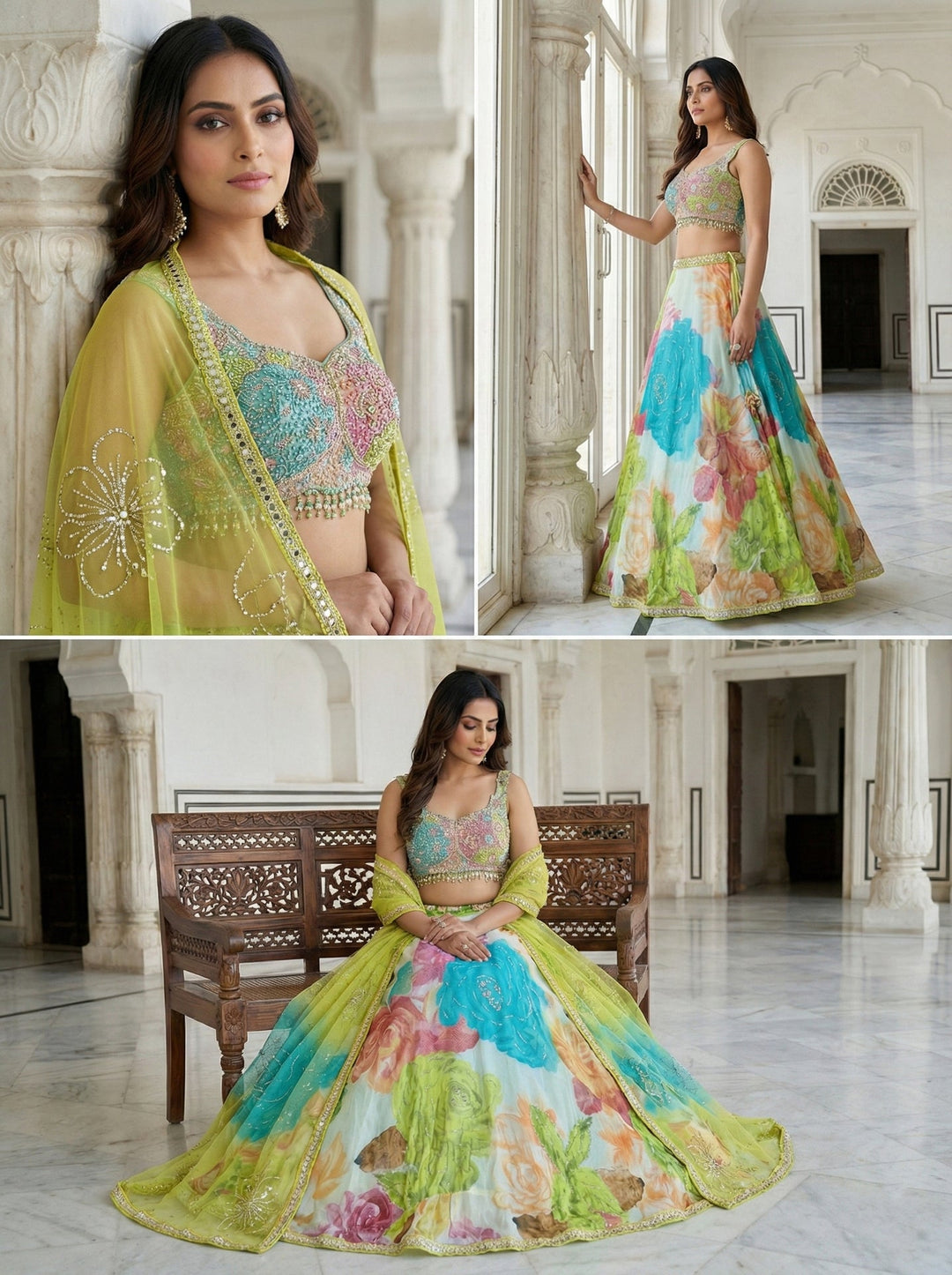 Neerus Multi georgette hand embroidered lehenga set - back view