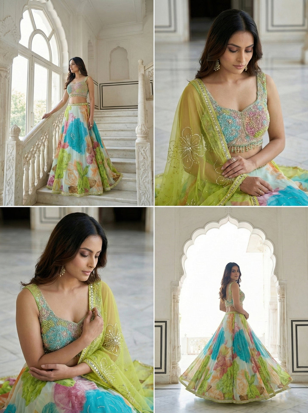 Neerus Multi georgette hand embroidered lehenga set - side view