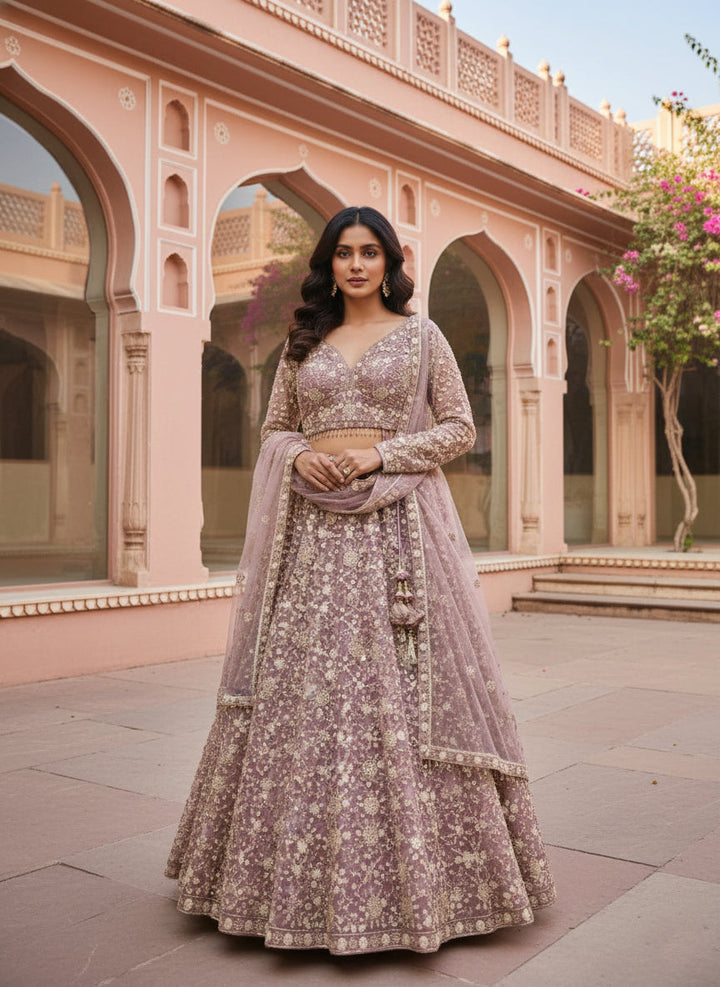 Neerus Purple net embroidered lehenga set - front view