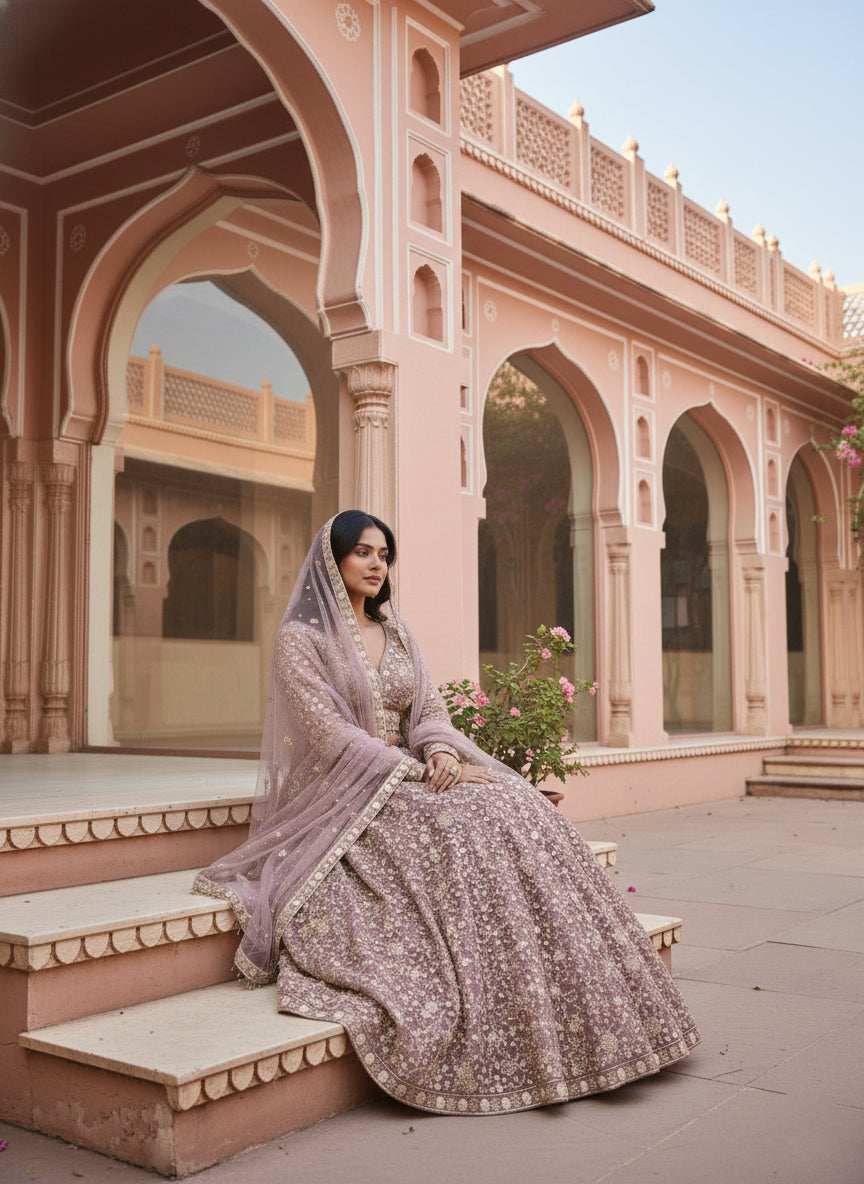 Neerus Purple net embroidered lehenga set - back view