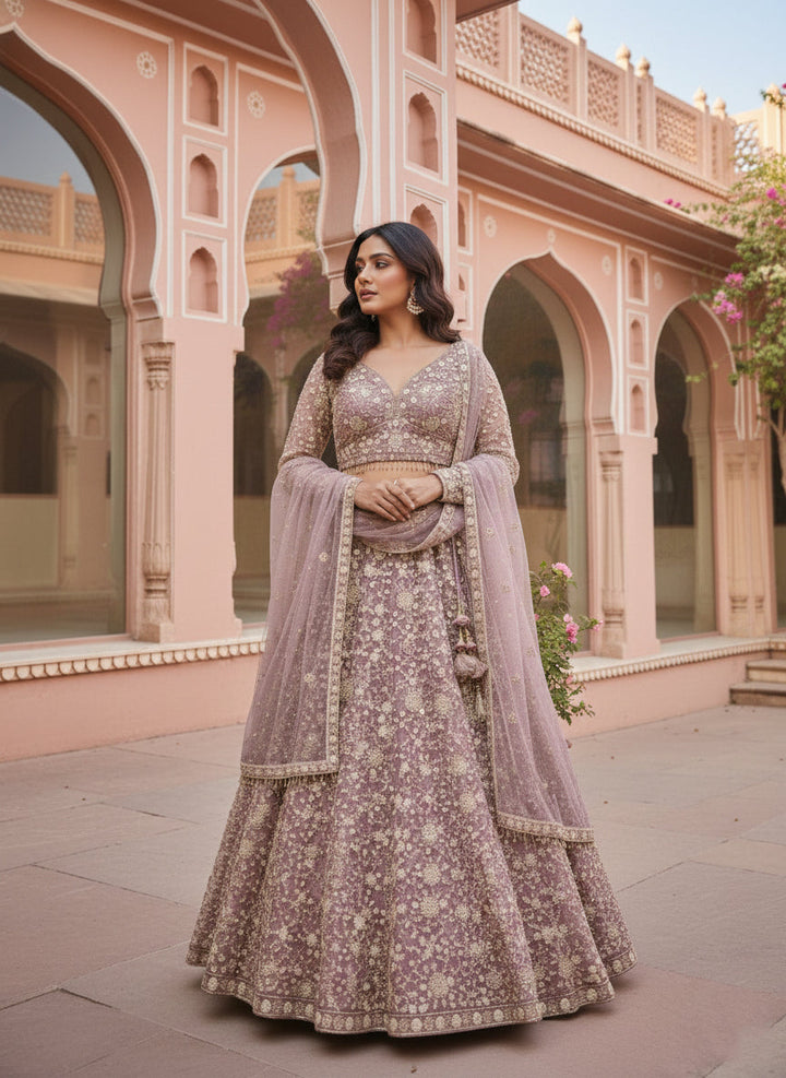 Neerus Purple net embroidered lehenga set - side view