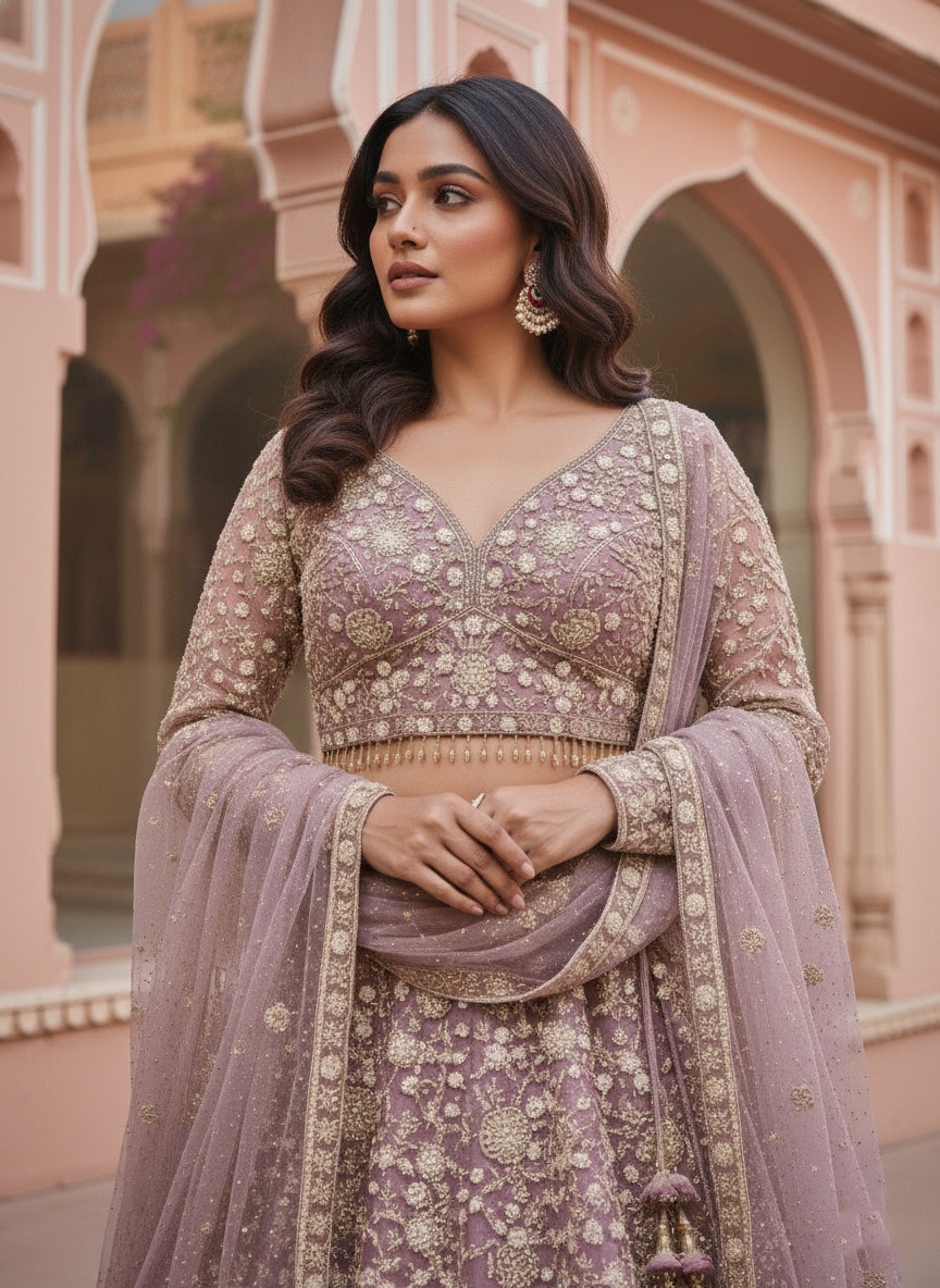 Neerus Purple net embroidered lehenga set - detail view 1