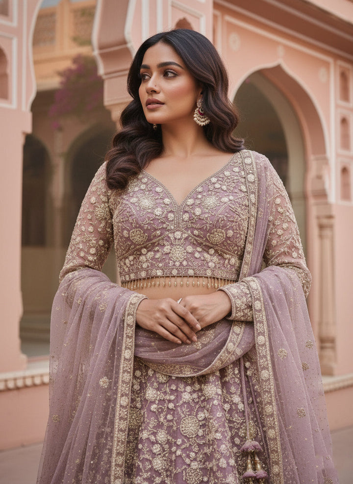 Neerus Purple net embroidered lehenga set - detail view 1