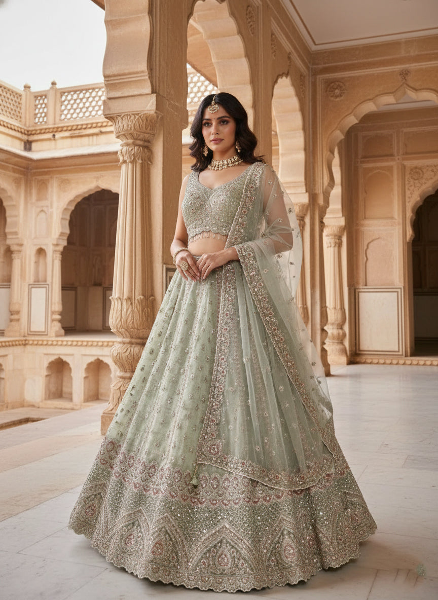 Neerus Green tissue hand embroidered ghagra lehenga set - back view