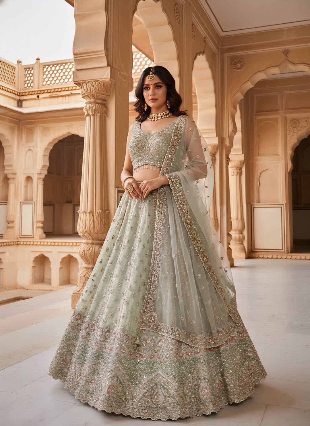 Neerus Green tissue hand embroidered ghagra lehenga set - side view