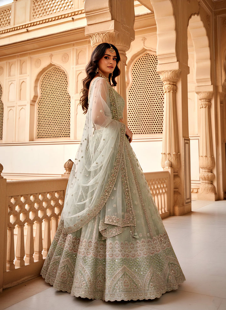 Neerus Green tissue hand embroidered ghagra lehenga set - detail view 1