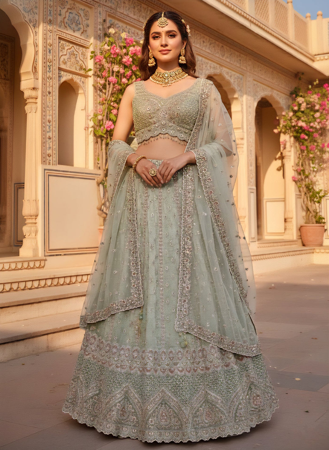 Neerus Green tissue hand embroidered ghagra lehenga set - front view