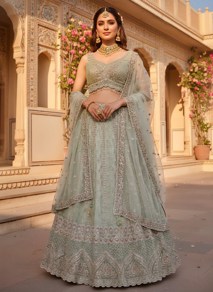 Neerus Green tissue hand embroidered ghagra lehenga set - front view