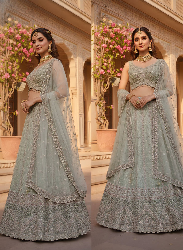 Neerus Green tissue hand embroidered ghagra lehenga set - detail view 2