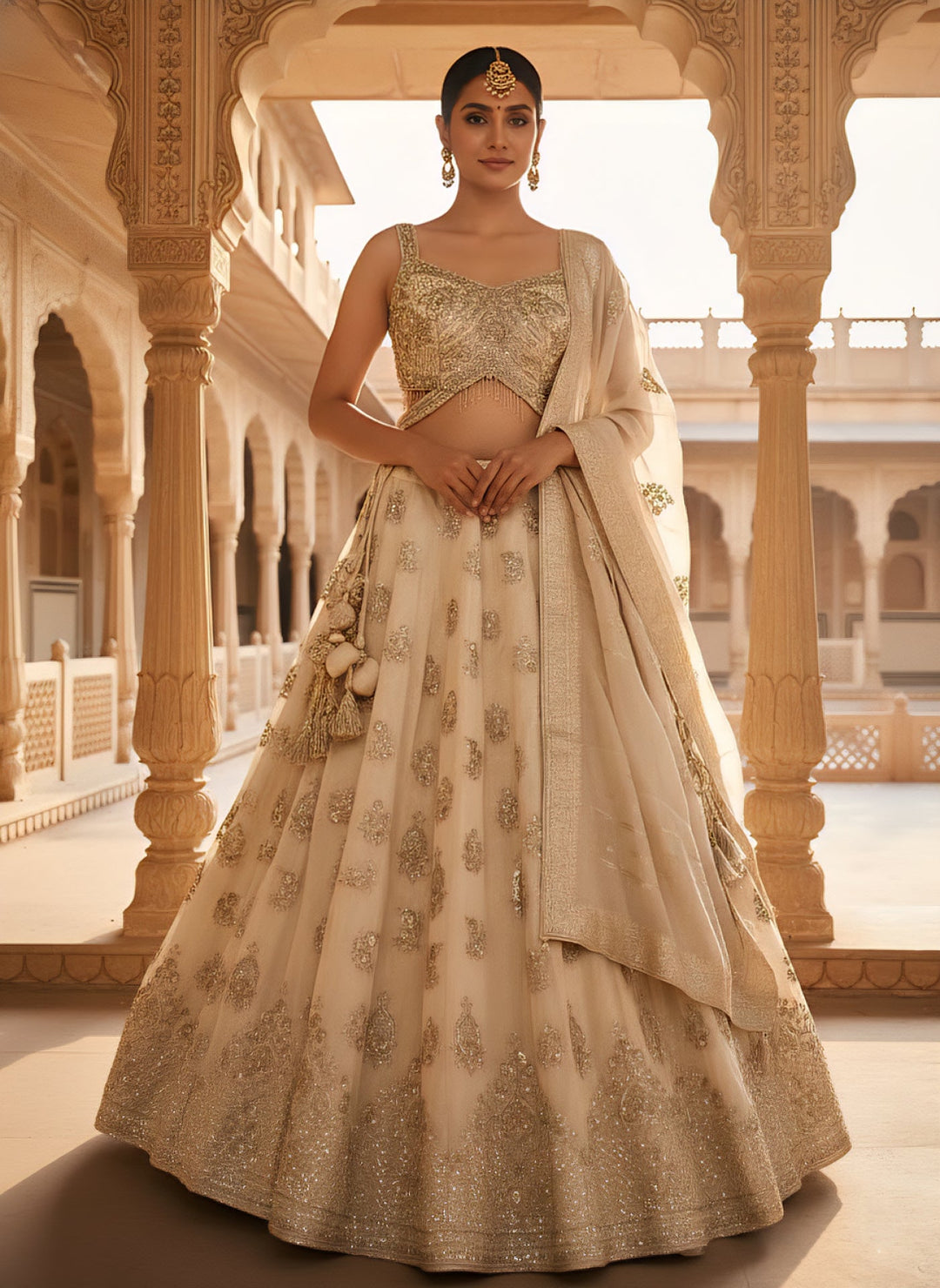 Neerus Beige georgette embellished lehenga set - front view