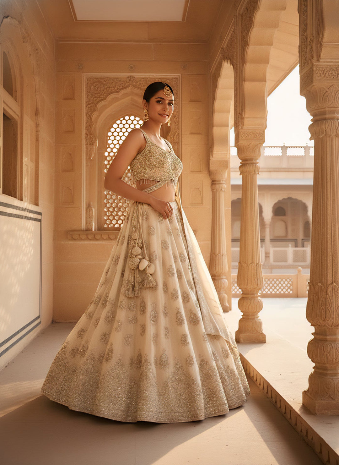 Neerus Beige georgette embellished lehenga set - back view