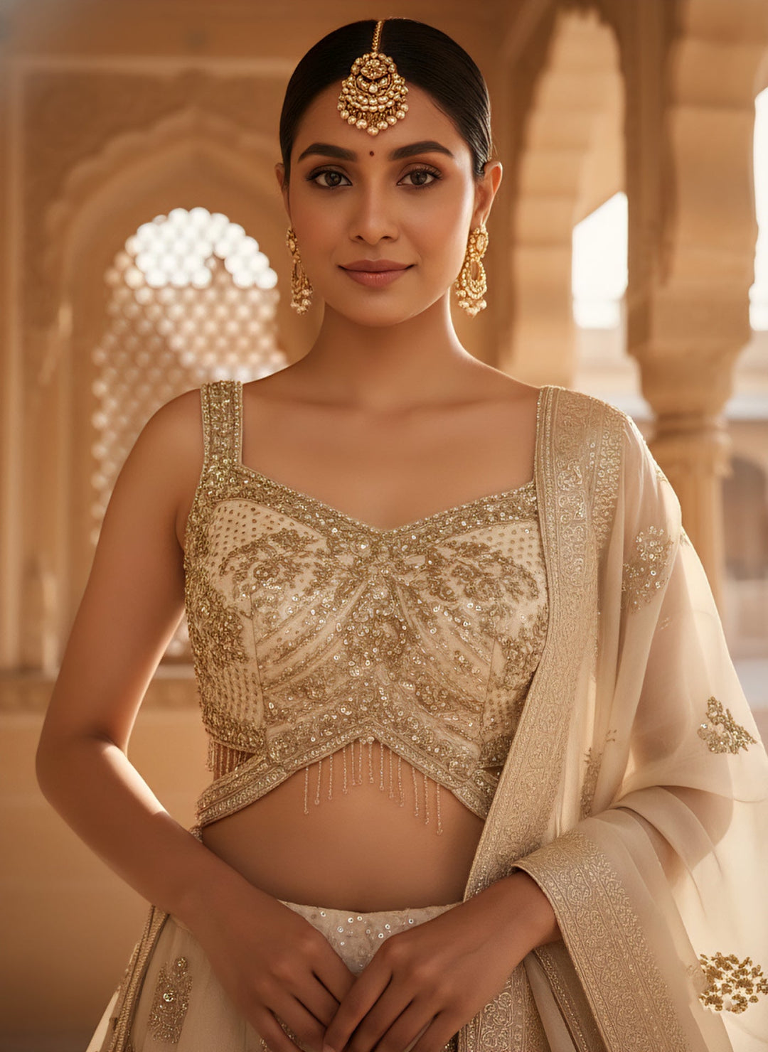 Neerus Beige georgette embellished lehenga set - side view
