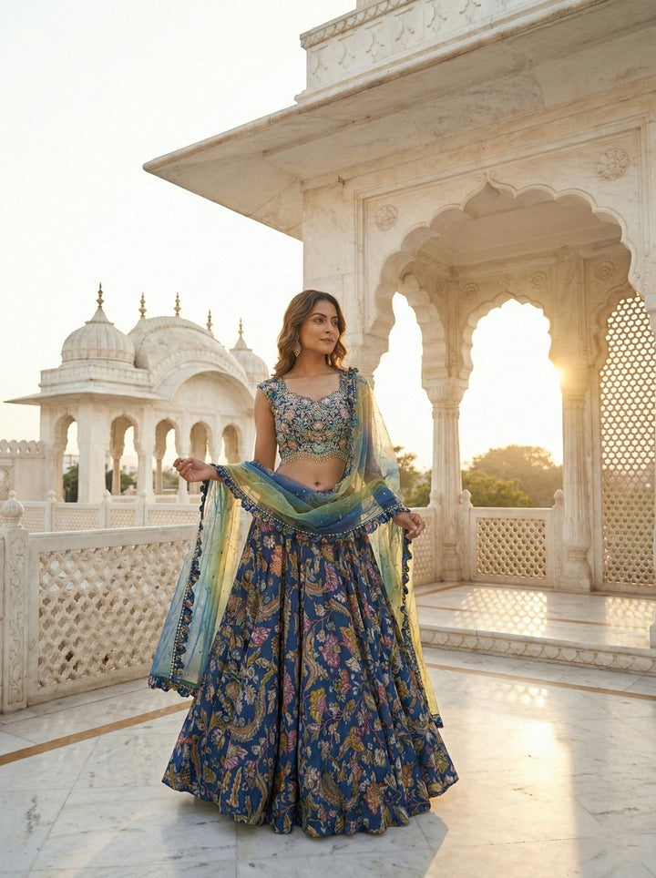 Neerus Blue Georgette Digital Printed Lehenga Set - back view