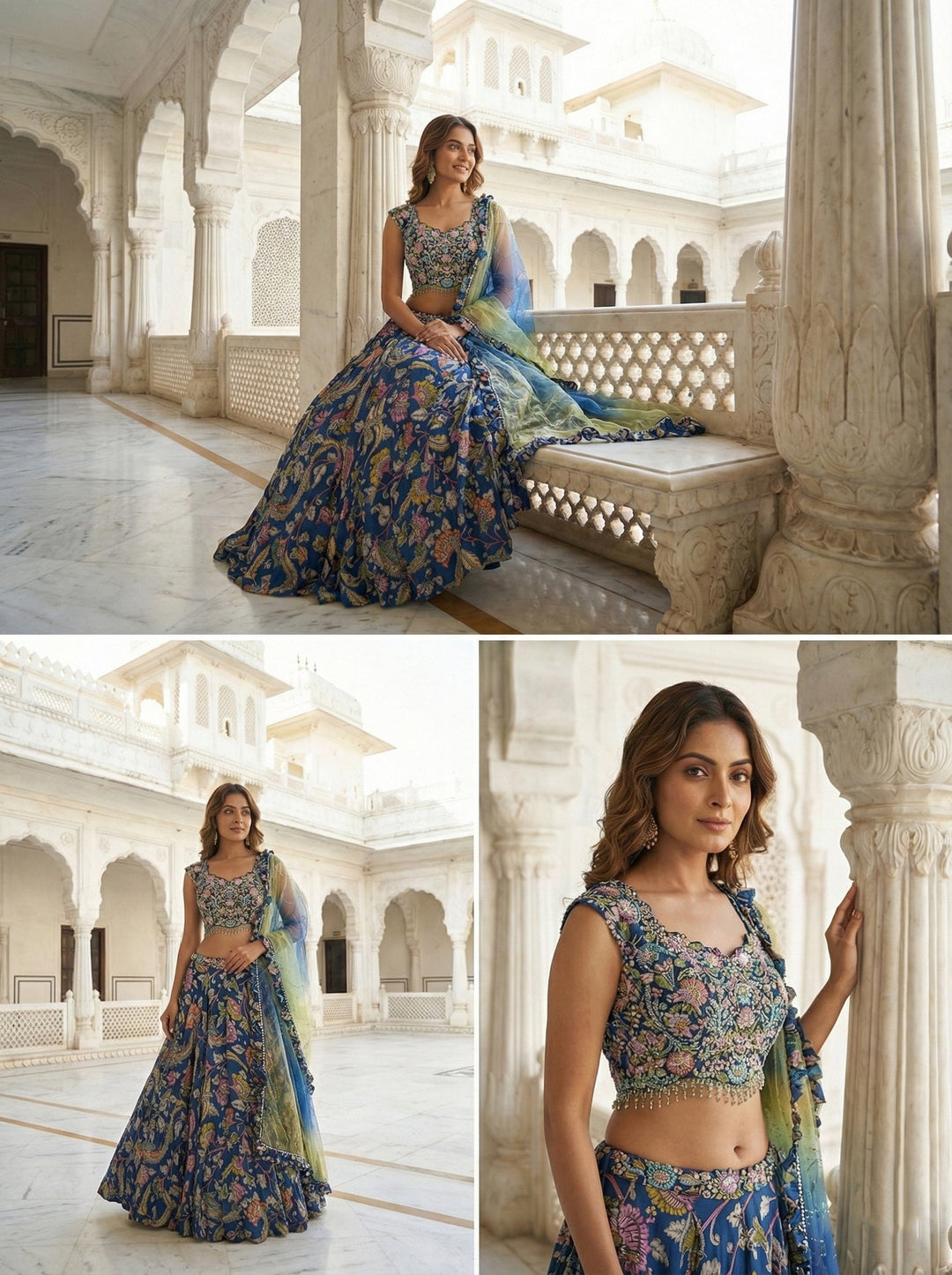 Neerus Blue Georgette Digital Printed Lehenga Set - side view