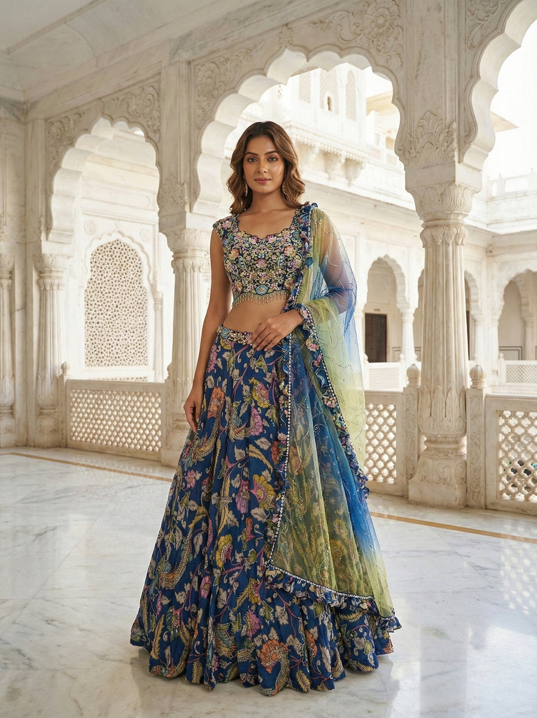 Neerus Blue Georgette Digital Printed Lehenga Set - front view