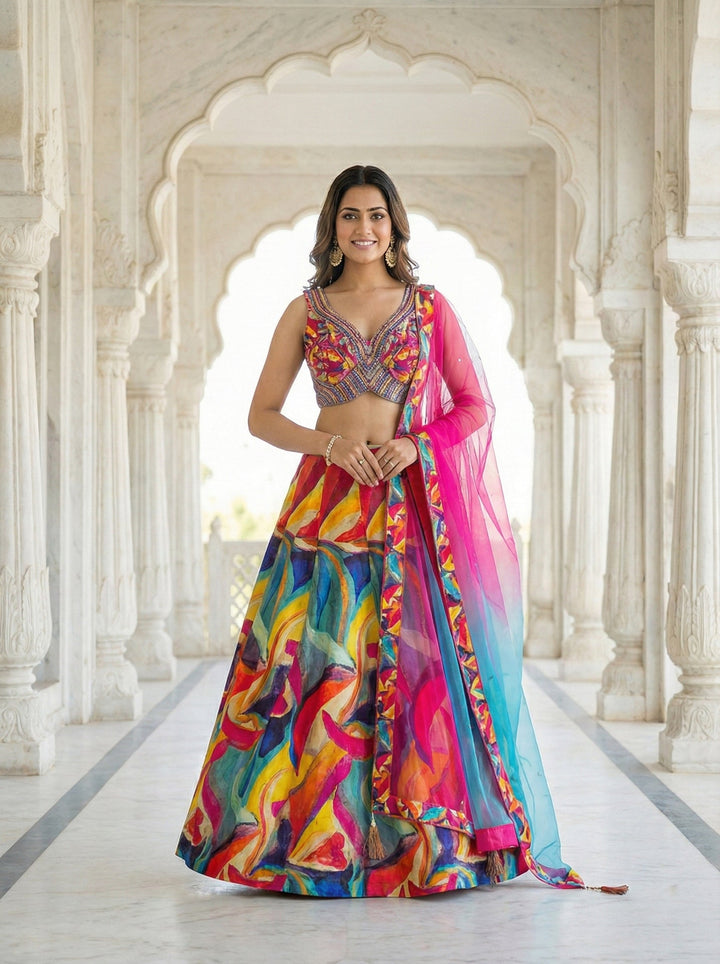 Neerus Multi Chinon Digital Printed Lehenga Set - front view