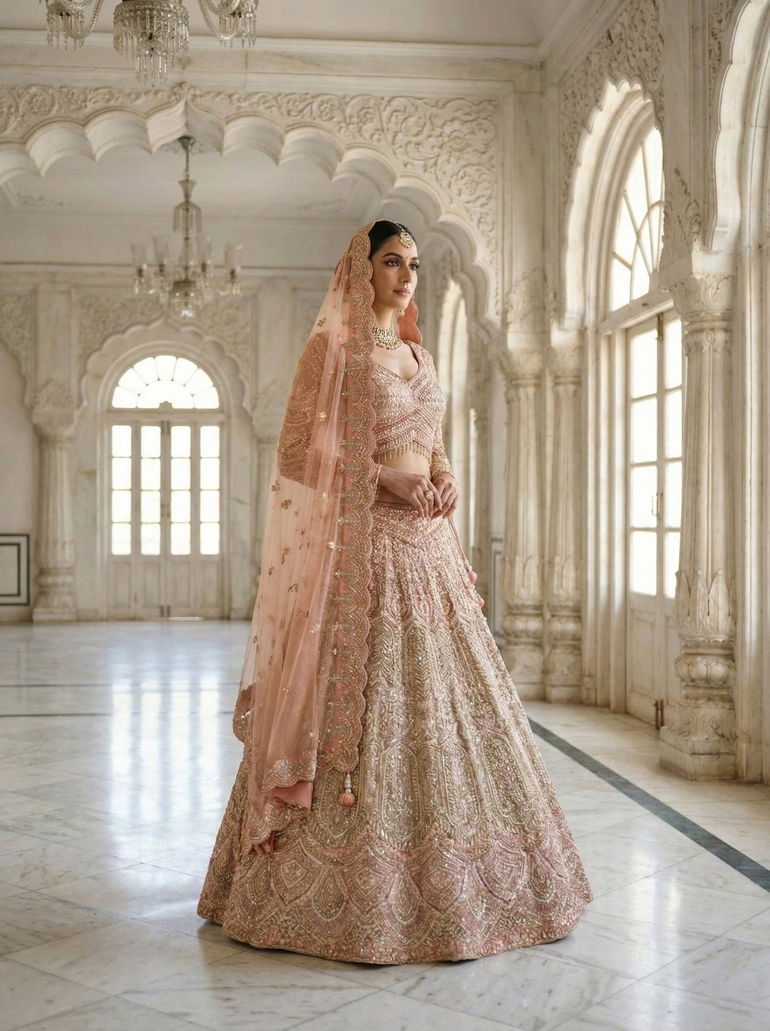 Neerus Pink net hand embroidered lehenga set - front view