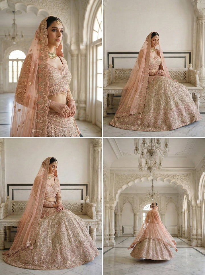 Neerus Pink net hand embroidered lehenga set - back view