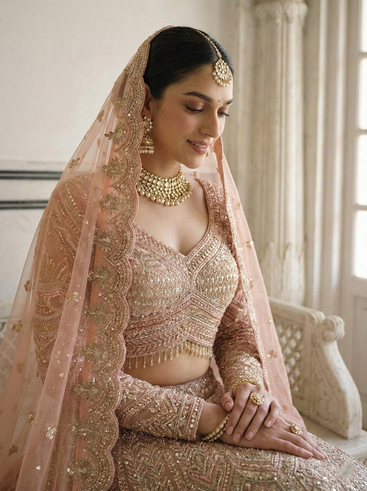 Neerus Pink net hand embroidered lehenga set - side view