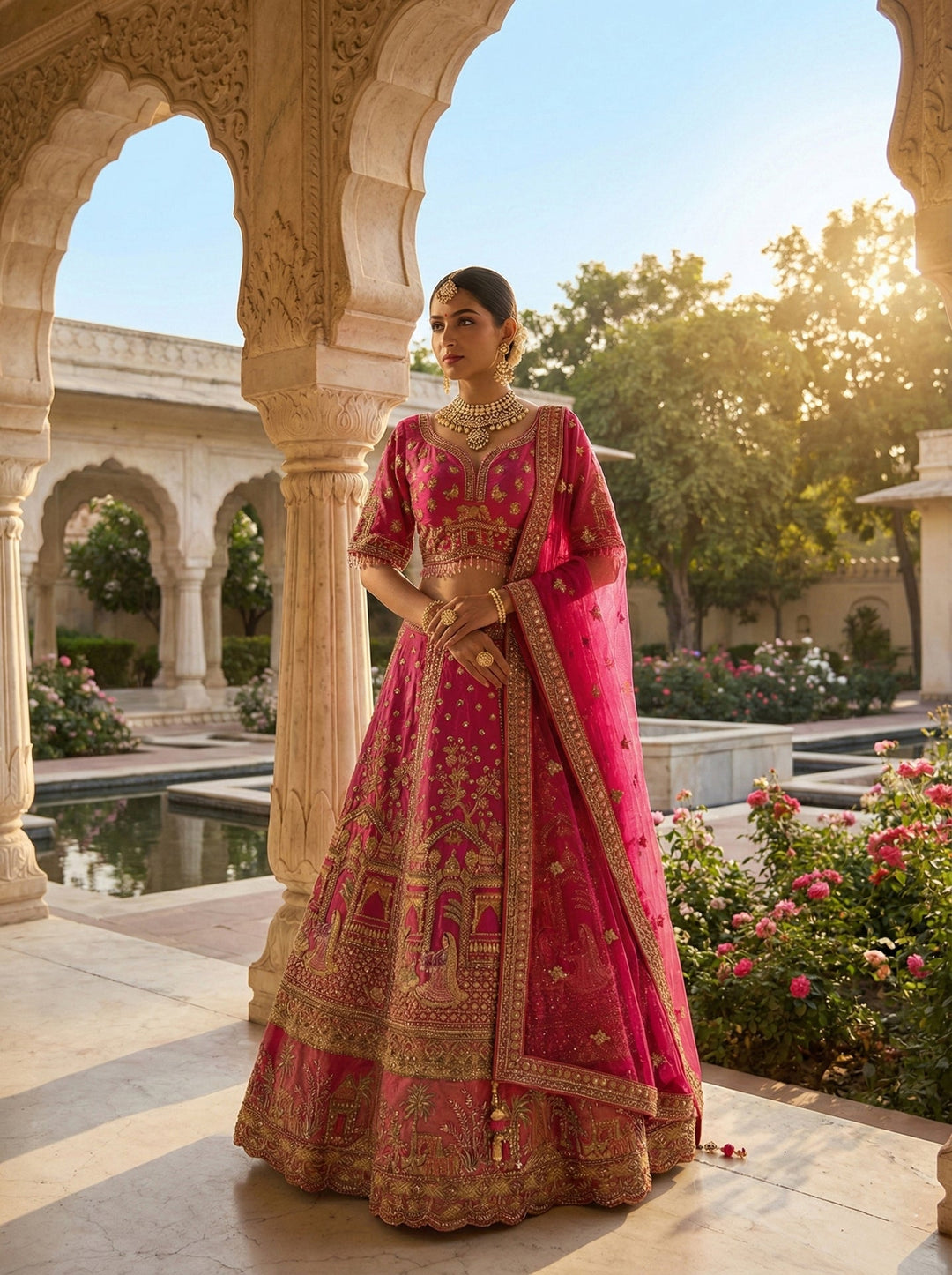 Neerus Pink tissue hand embroidered lehenga set - front view