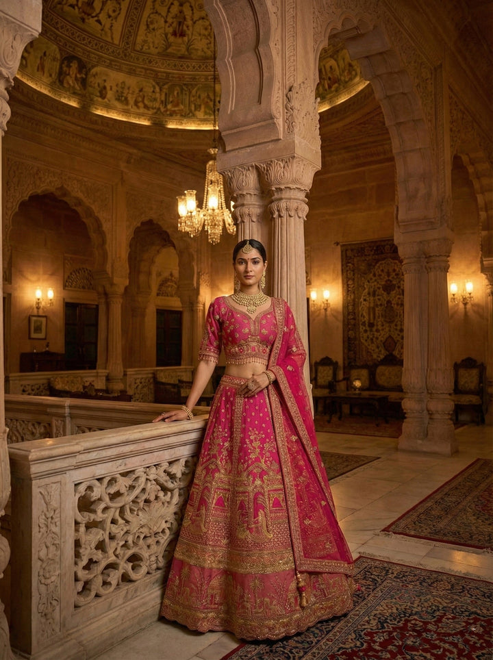 Neerus Pink tissue hand embroidered lehenga set - side view