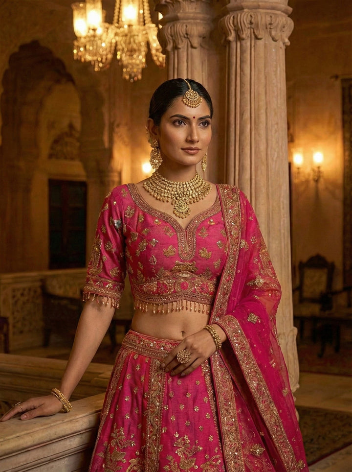 Neerus Pink tissue hand embroidered lehenga set - back view