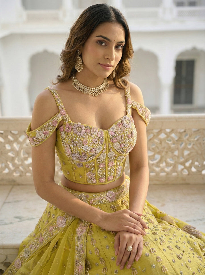 Neerus Green tissue hand embroidered lehenga set - back view