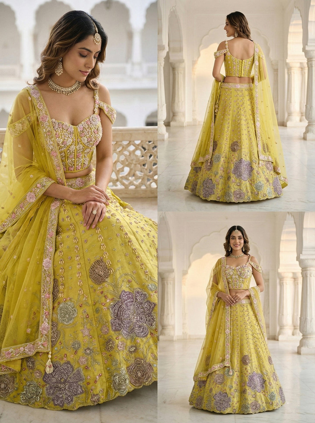 Neerus Green tissue hand embroidered lehenga set - side view