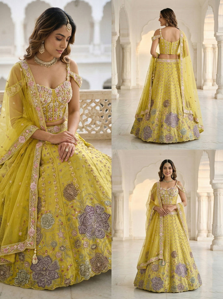 Neerus Green tissue hand embroidered lehenga set - side view