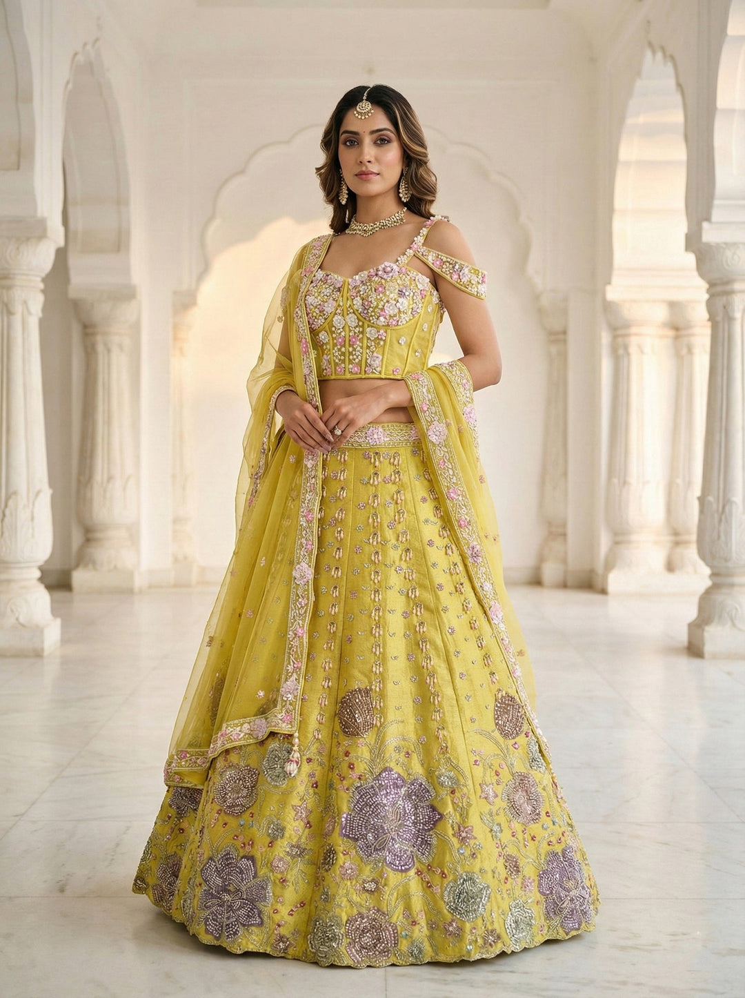 Neerus Green tissue hand embroidered lehenga set - front view