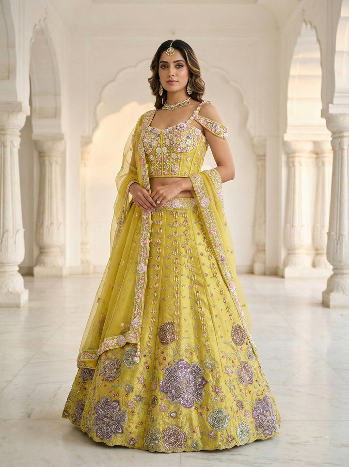 Neerus Green tissue hand embroidered lehenga set - front view